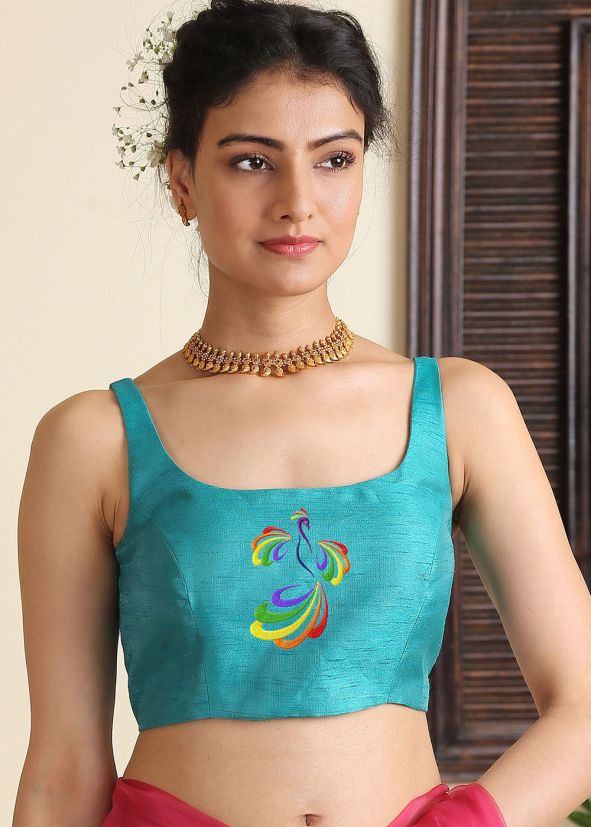 Thread Embroidered Readymade Blouse In Turquoise
