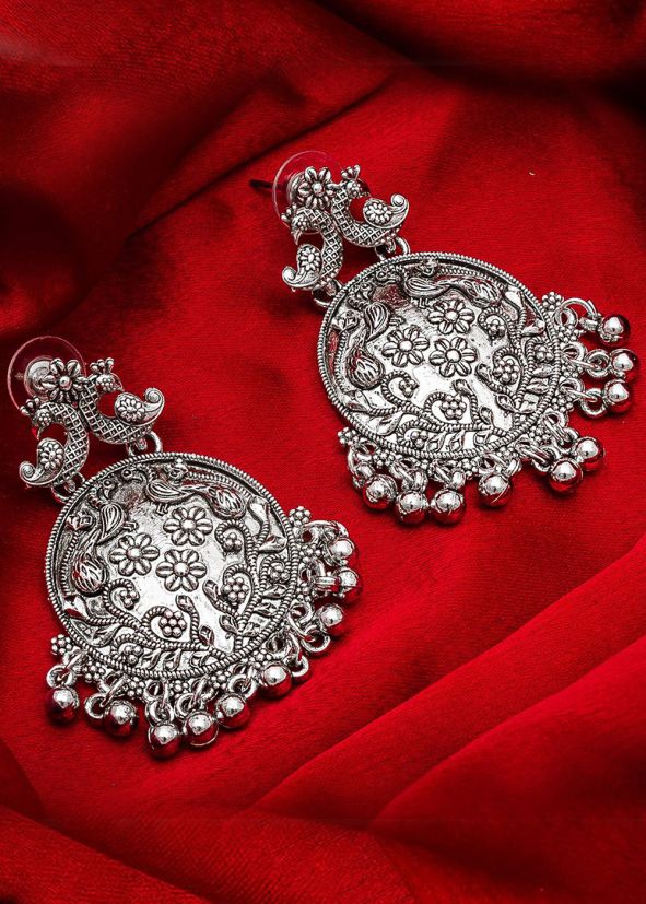 Silver Embossed Round Peacock Design Earrings 