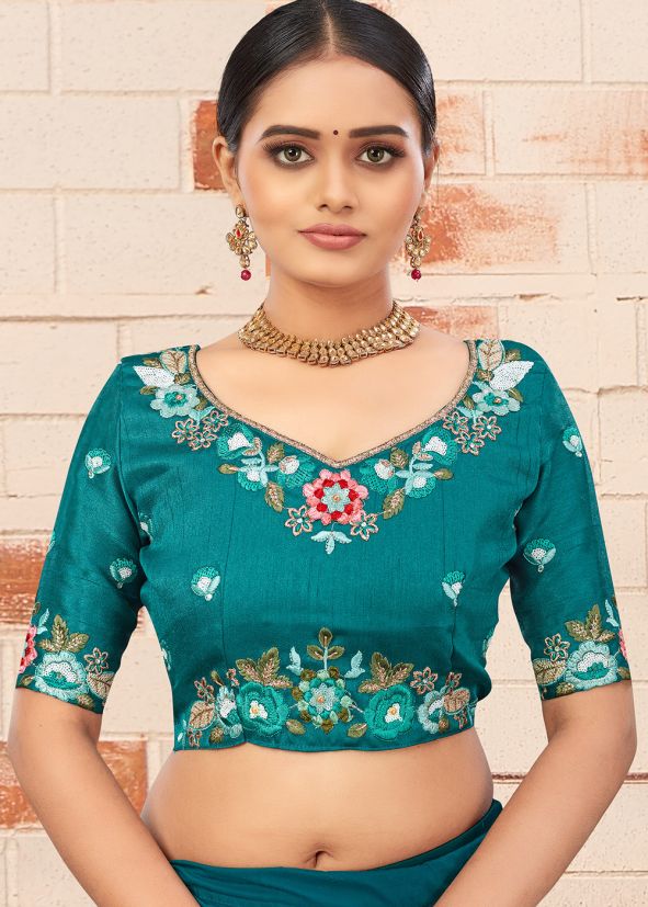 Teal Green Blouse In Thread Embroidery