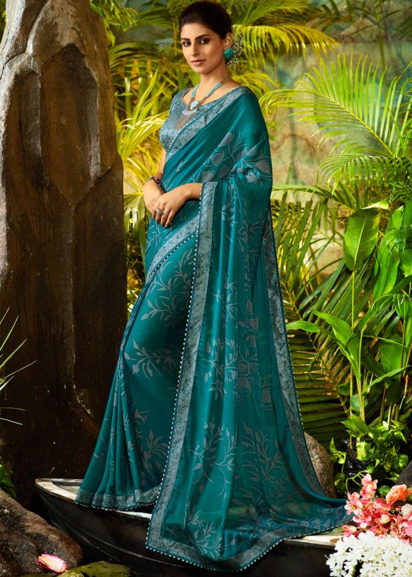 Green Printed Georgette Saree With Blouse