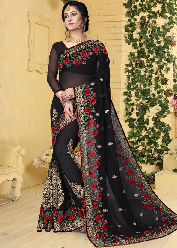 Black Georgette Embroidered Saree 