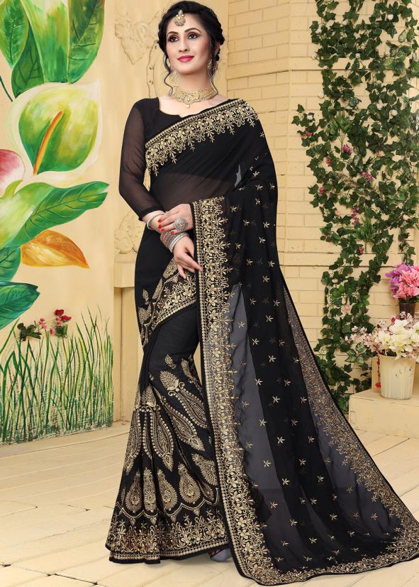 Black Georgette Embroidered Saree 