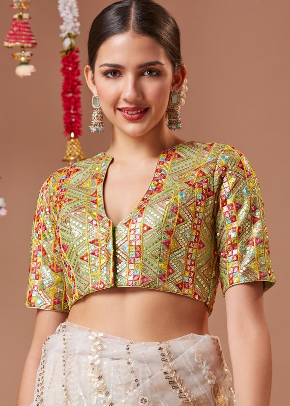 Green Sequin Work Blouse In Georgette
