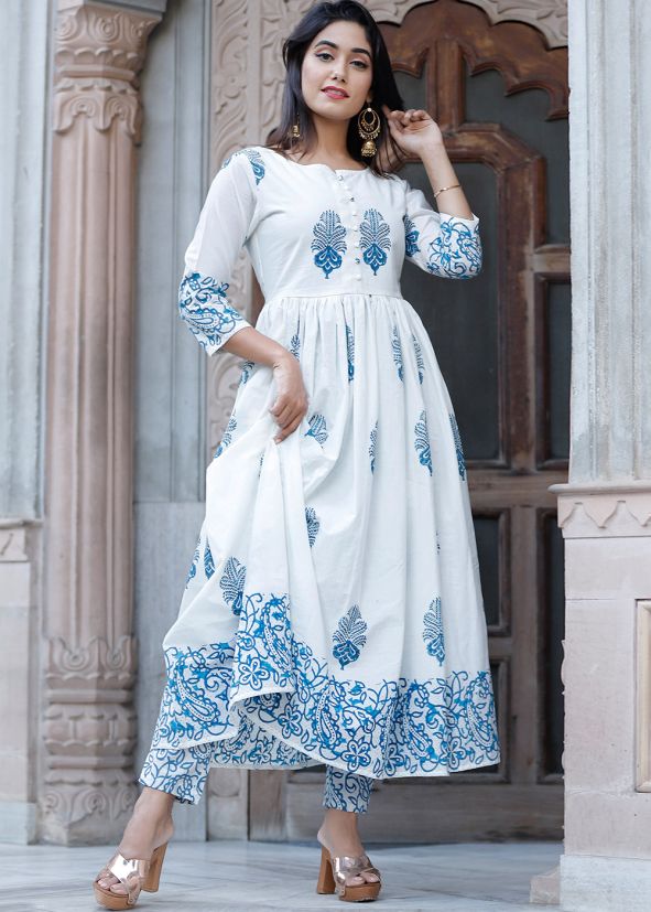 White Readymade Block Printed Kurta Pant Set