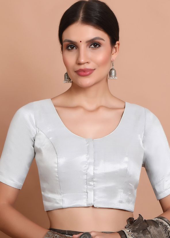 Silver Color Tissue Saree Blouse 
