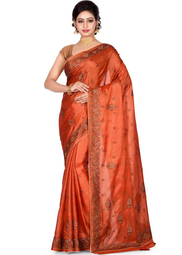Orange Pure Silk Embroidered Saree