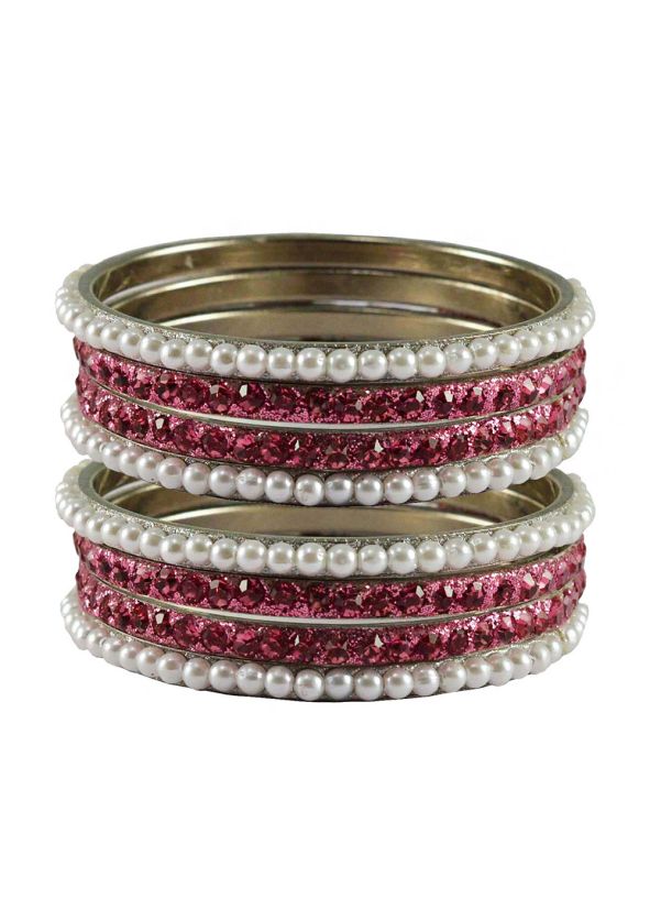 Stone Studded White and Pink Bangle Set
