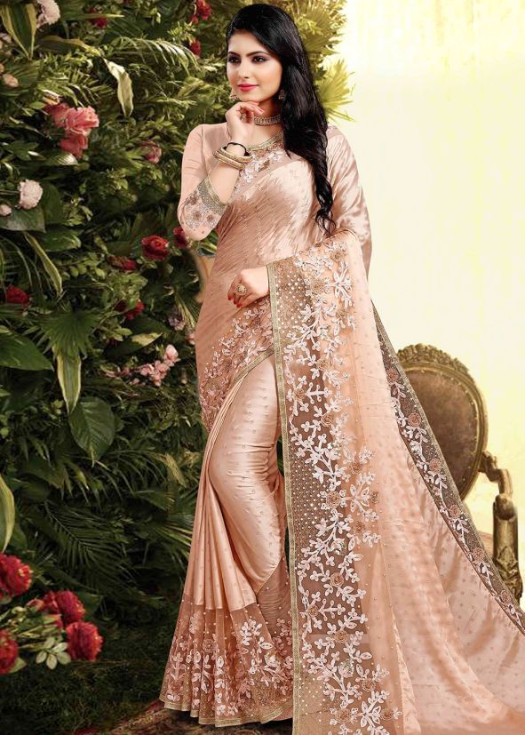 Peach Heavy Border Embroidered Saree