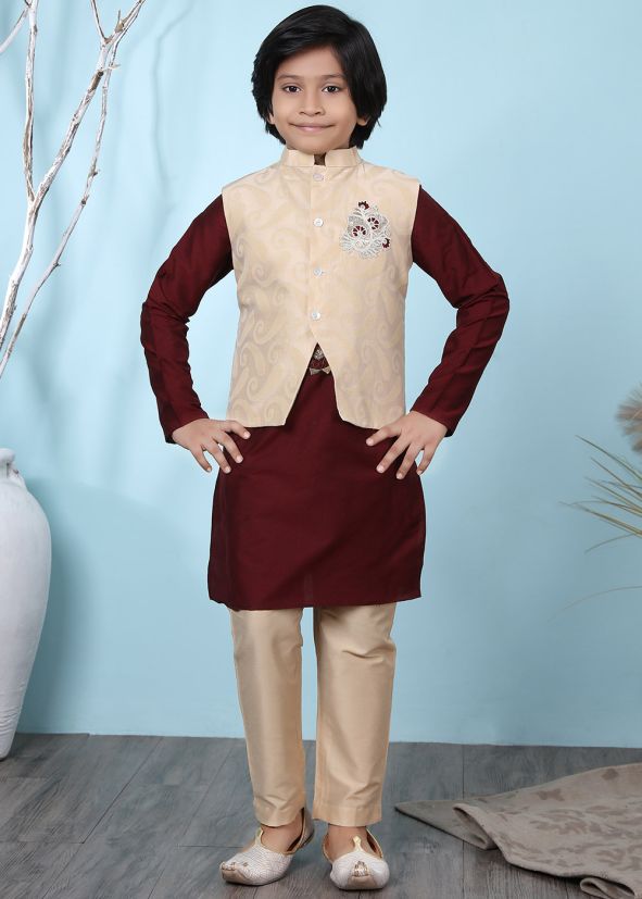 Readymade Maroon Kurta Pyjama With Jacket