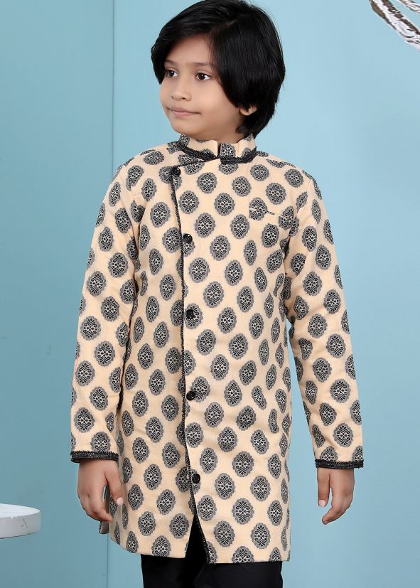Beige Readymade Sherwani Jacket With Printed Work