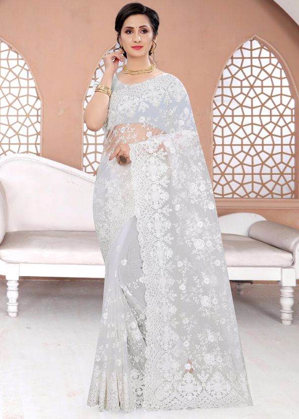 White Net Embroidered Heavy Border Saree