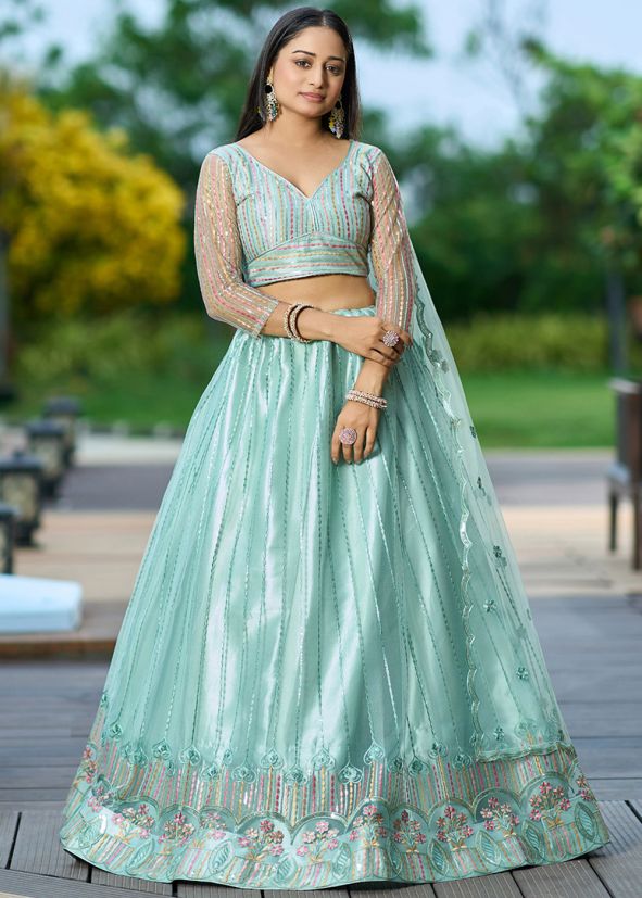 Turquoise Sequins Work Lehenga Choli