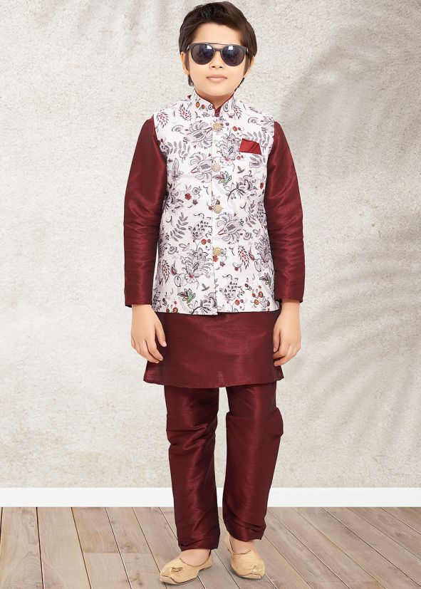 Readymade Maroon Kurta Pajama With Printed Jacket