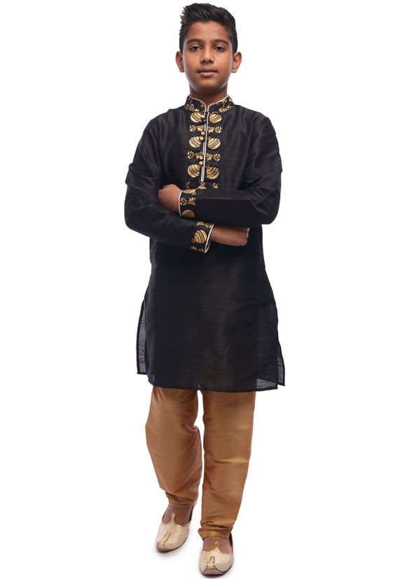 Black Patch Work Kids Readymade Kurta Pajama