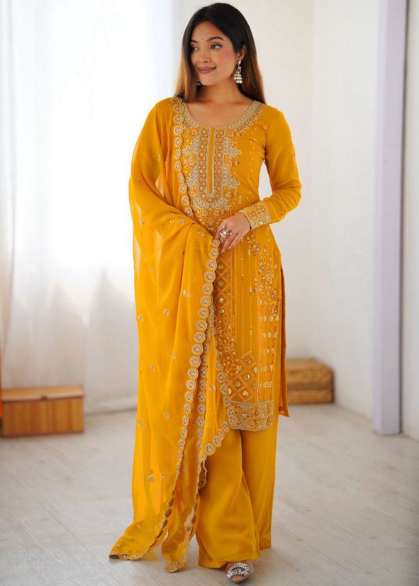 Yellow Georgette Palazzo Suit With Thread Work