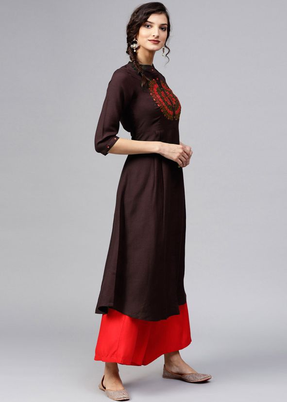 Readymade Brown Embroidered Front Slit Kurta Set