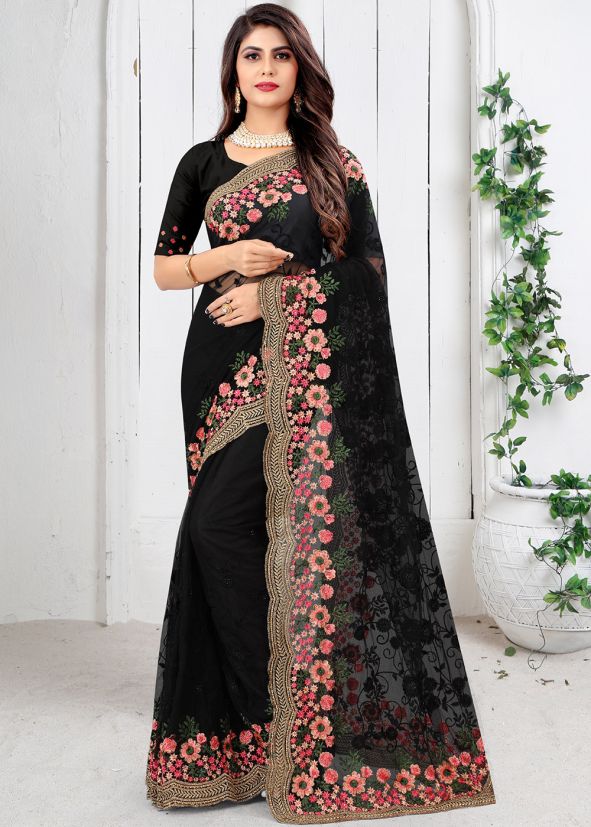 Black Heavy Border Saree In Net