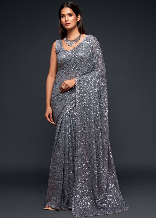 Thread & Sequins Embroidered Georgette Saree In Grey
