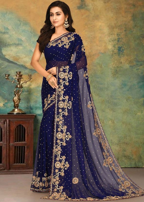 Blue Heavy Border Georgette Saree With Blouse