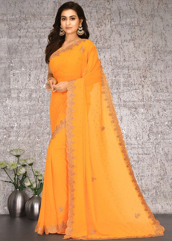 Yellow Hand Work Saree In Georgette