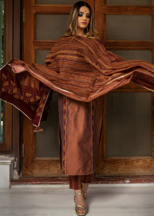 Brown Readymade Block Printed Pant Suit