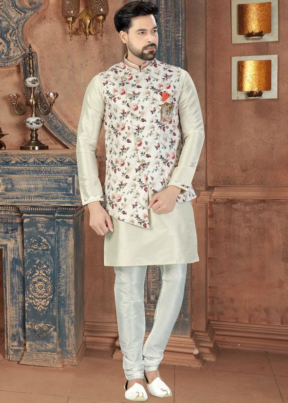 Off White Kurta Churidar With Floral Printed Nehru Jackets