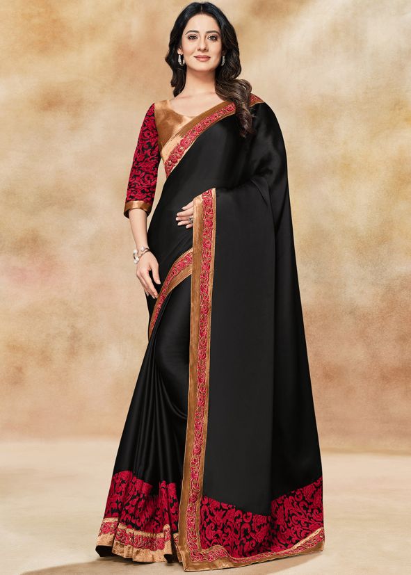 Black Embroidered Border Satin Saree