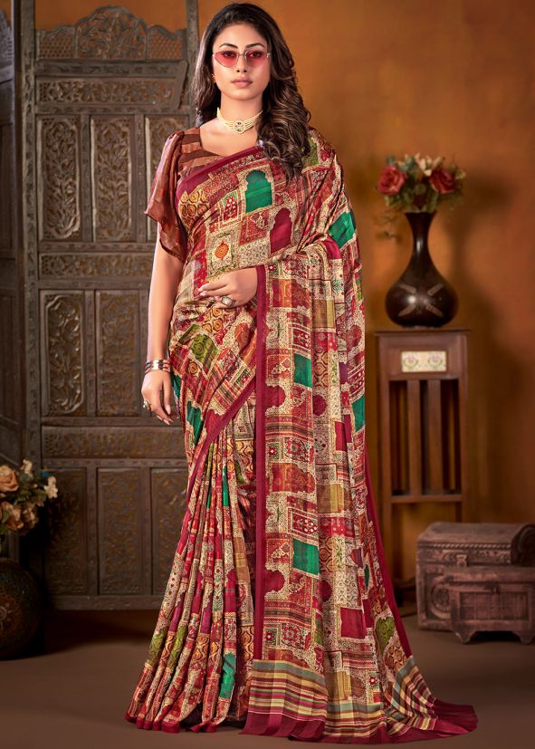 Multicolor Printed Saree With Crape Blouse