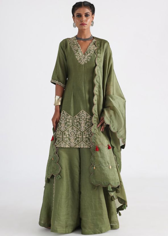 Green Chanderi Palazzo Suit Set