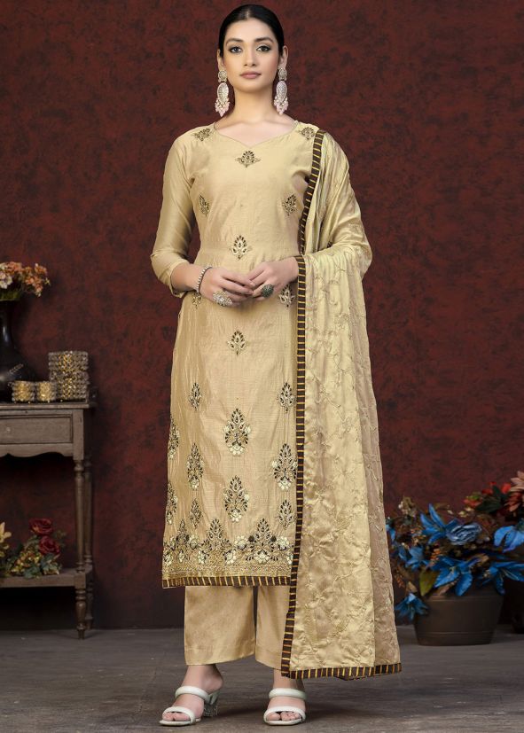 Beige Bead Work Palazzo Suit Set