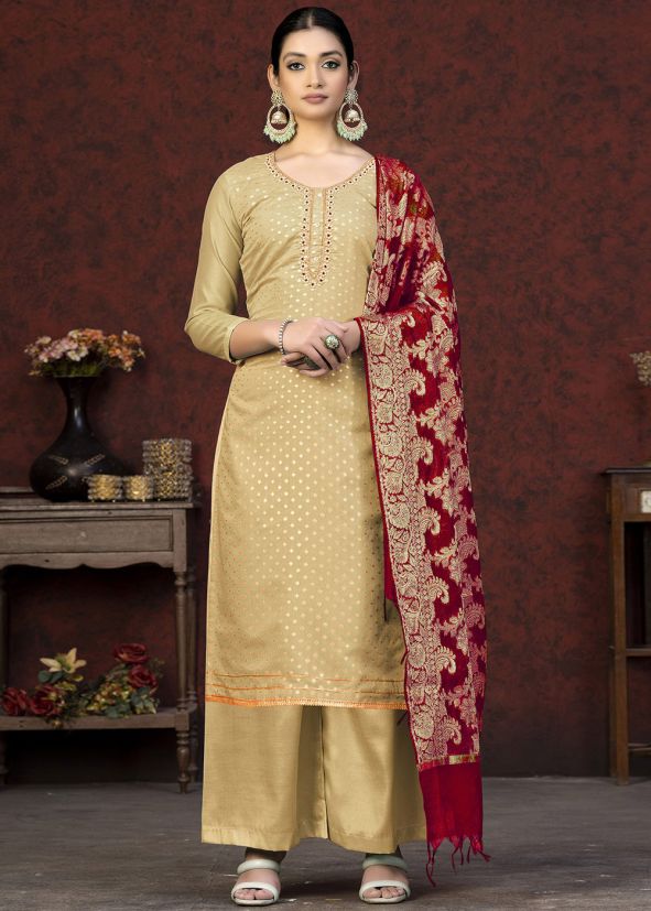 Beige Straight Cut Pant Suit Set