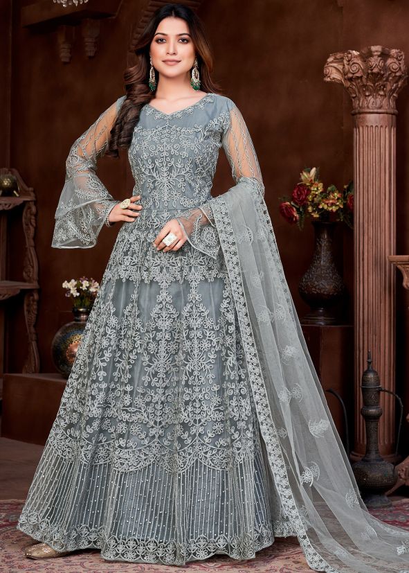 Grey Thread Embroidered Anarkali Suit Set