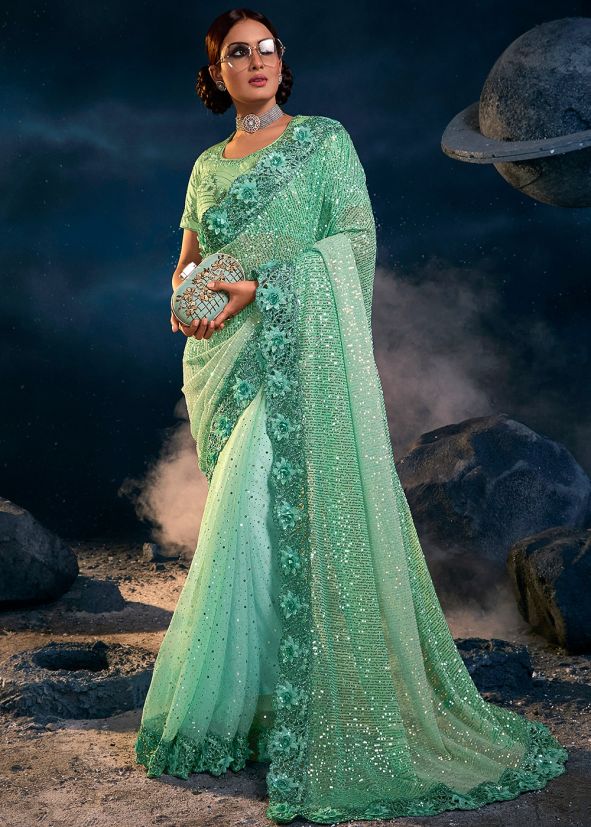 Green Embroidered Border Lyrca Saree