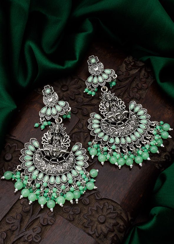 Green Stone Work Oxidised Earrings