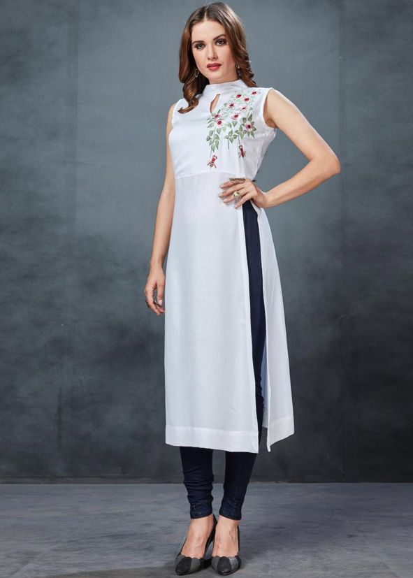 White Side Slit Readymade Long Kurta
