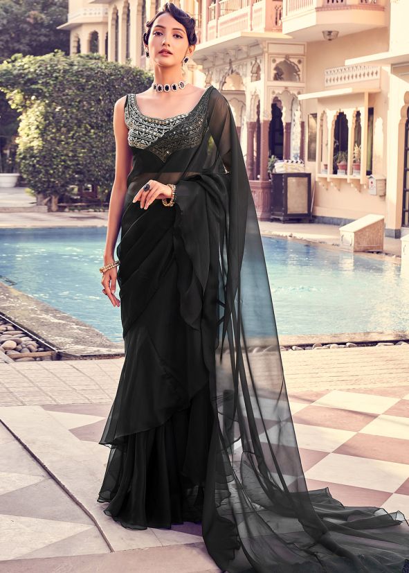 Black Party Wear Ruffle Saree