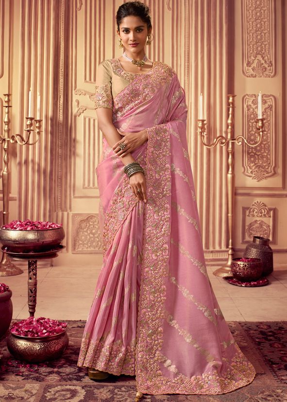 Pink Heavy Border Saree & Blouse