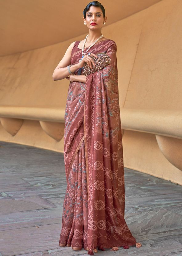 Brown Floral Printed Saree & Blouse