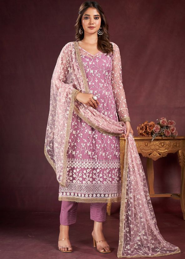 Pink Thread Embroidered Pant Suit