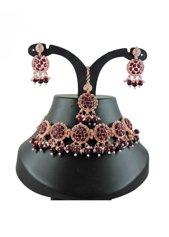 Maroon Stone Studded Necklace Set