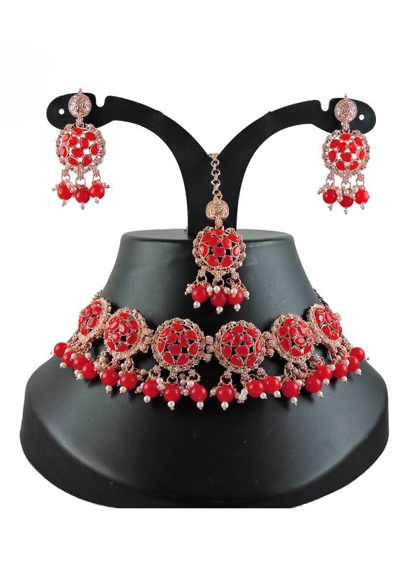 Red Beads & Stone Studded Necklace