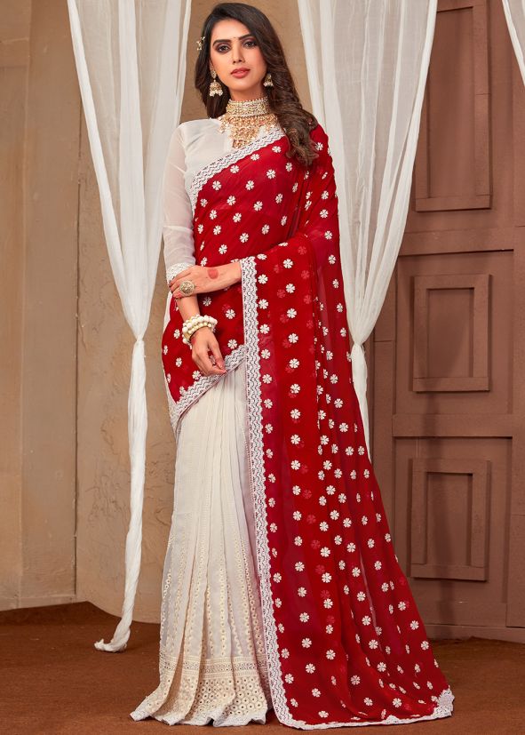White & Red Half N Half Embroidered Saree