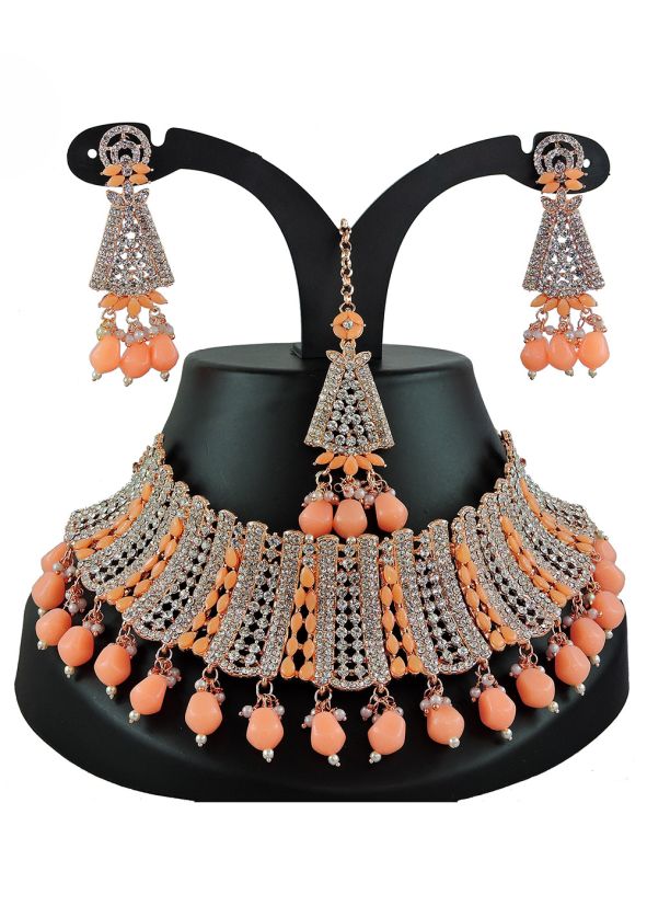 Peach Necklace Set In Stone & Beads Work