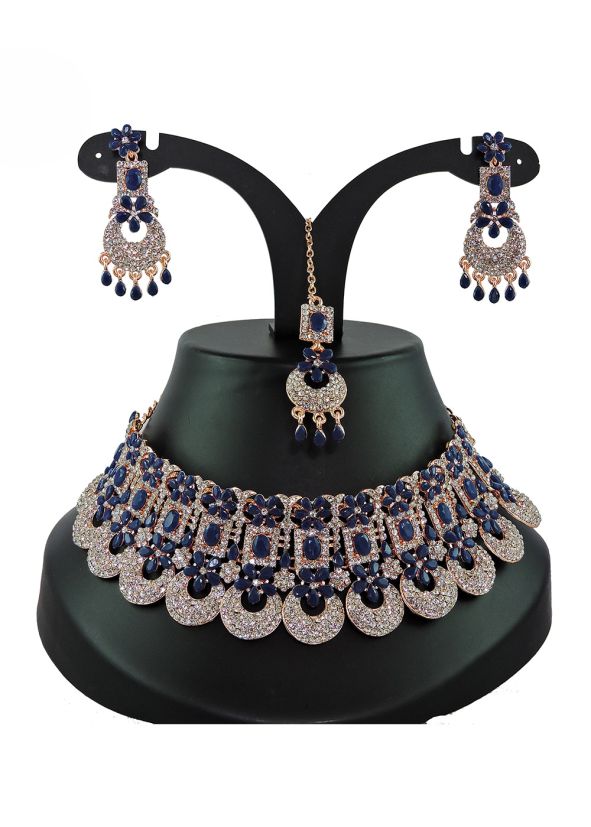 Navy Blue Stone Work Necklace Set