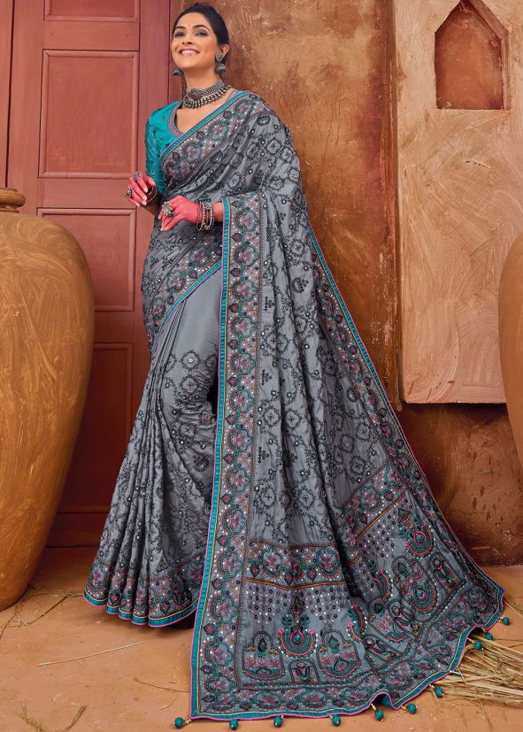 Grey Thread Embroidered Silk Saree