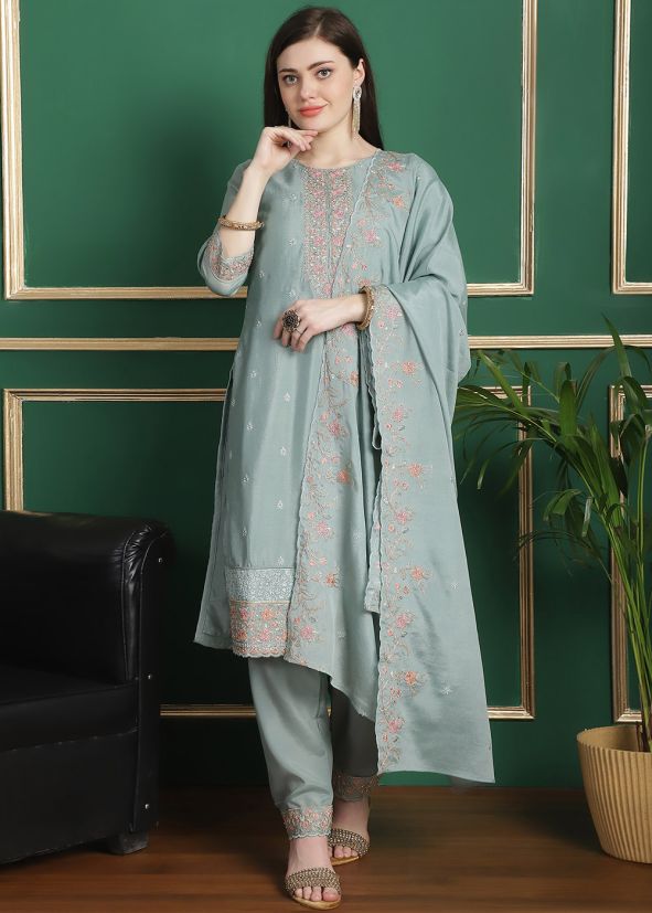 Light Blue Thread Embroidered Pant Suit Set