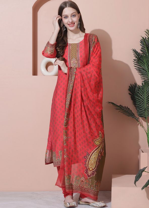 Red Digital Printed Pant Suit Set