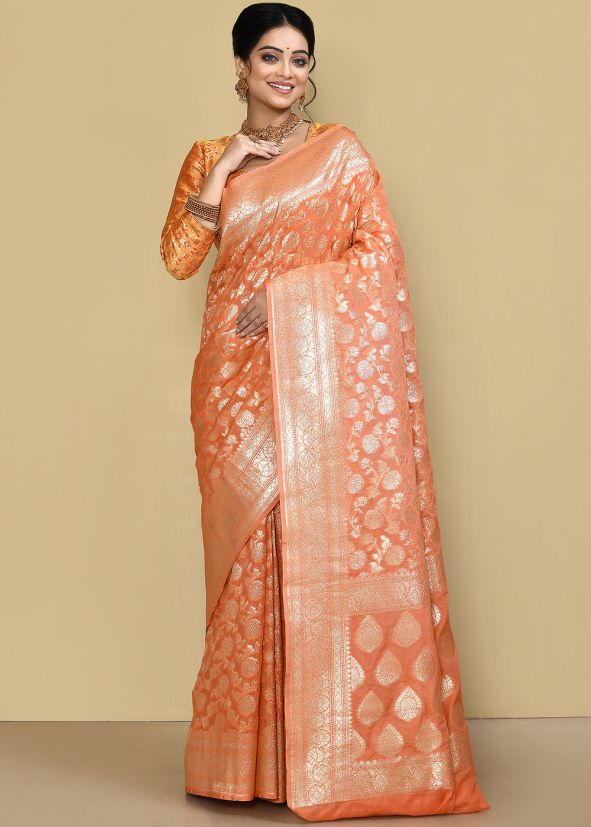 Orange Georgette Saree In Zari Work