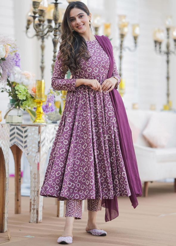 Purple Printed Anarkali Suit Set