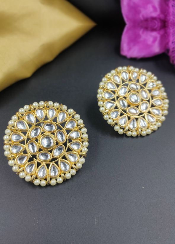 White Kundan & Beads Work Studs
